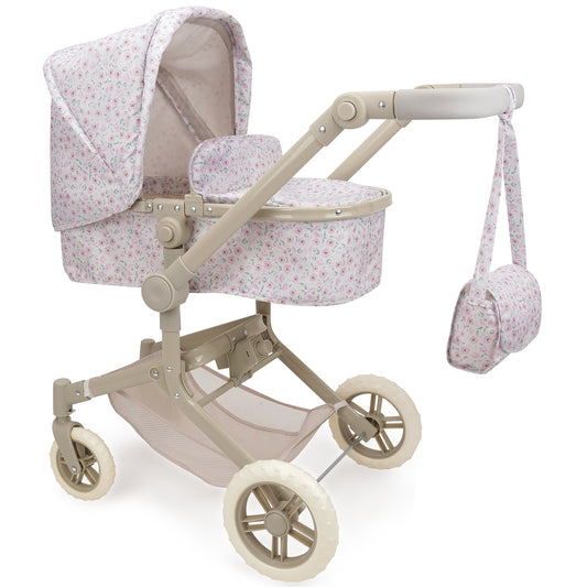 509 Crew Little Flora City Park 2-in-1 pink floral doll pram with cream frame