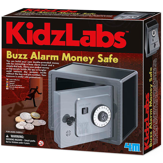 KidzLabs Buzz Alarm Money Safe STEM kit with gray safe, combination dial lock, and coins