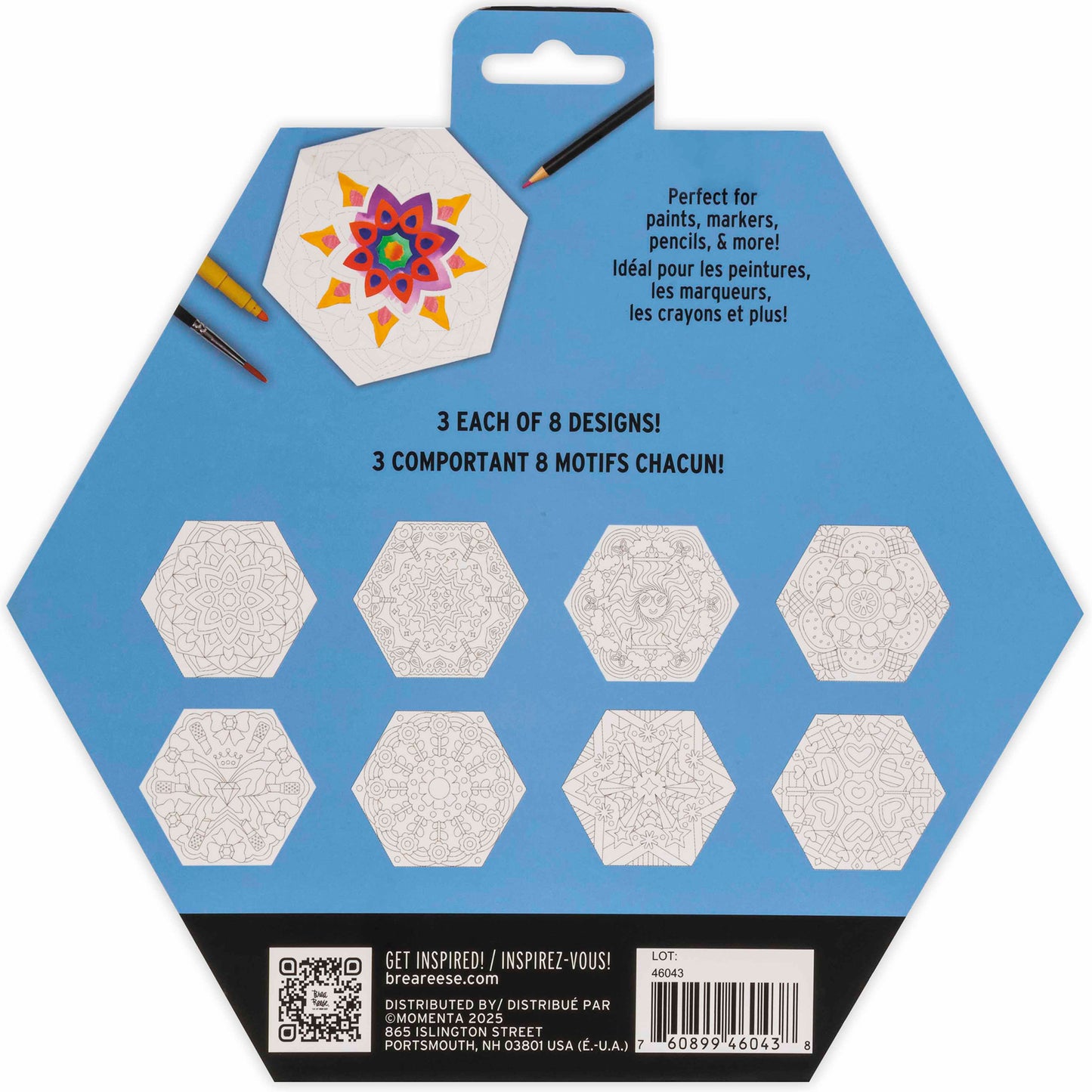 Mixed Media Coloring Pad: Mandala with 8 hexagon designs and colored pencils