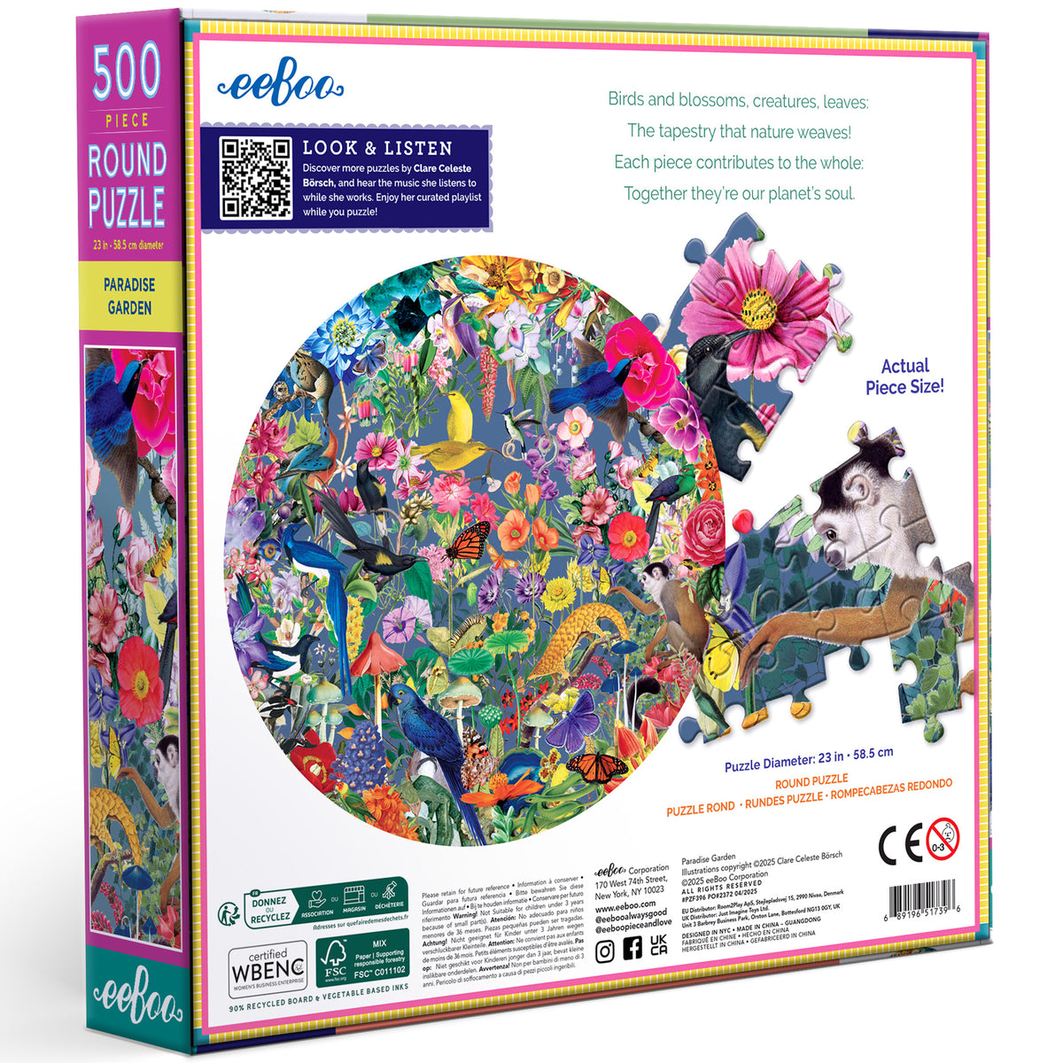 eeBoo Paradise Garden 500-piece round puzzle with colorful birds, flowers, and nature artwork