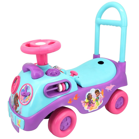 Disney Ariel light and sound activity ride-on with turquoise and purple body, pink steering wheel and wheels, interactive features on sides
