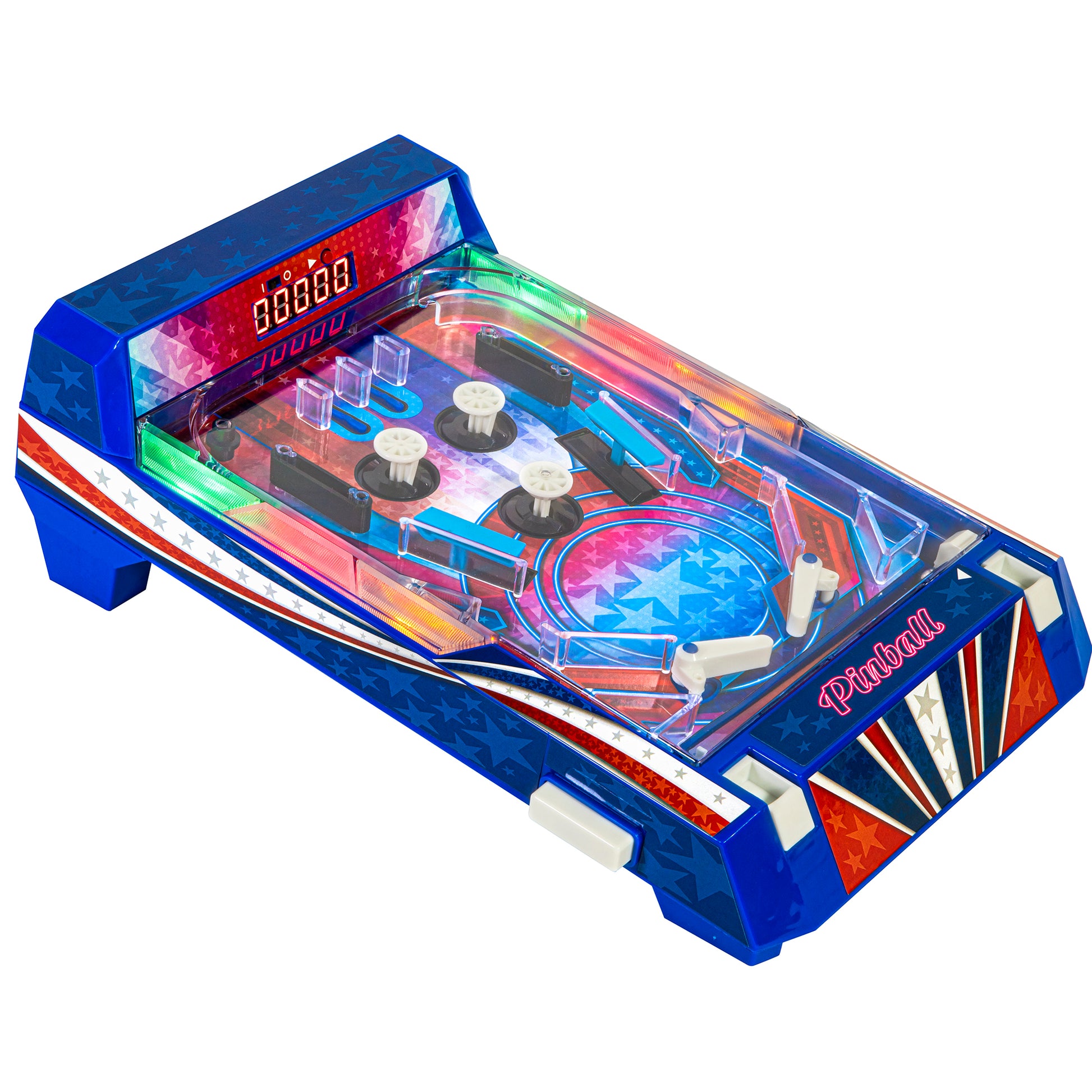 Retro Arcade Electronic Pinball machine with blue, red and white design, digital display and flippers