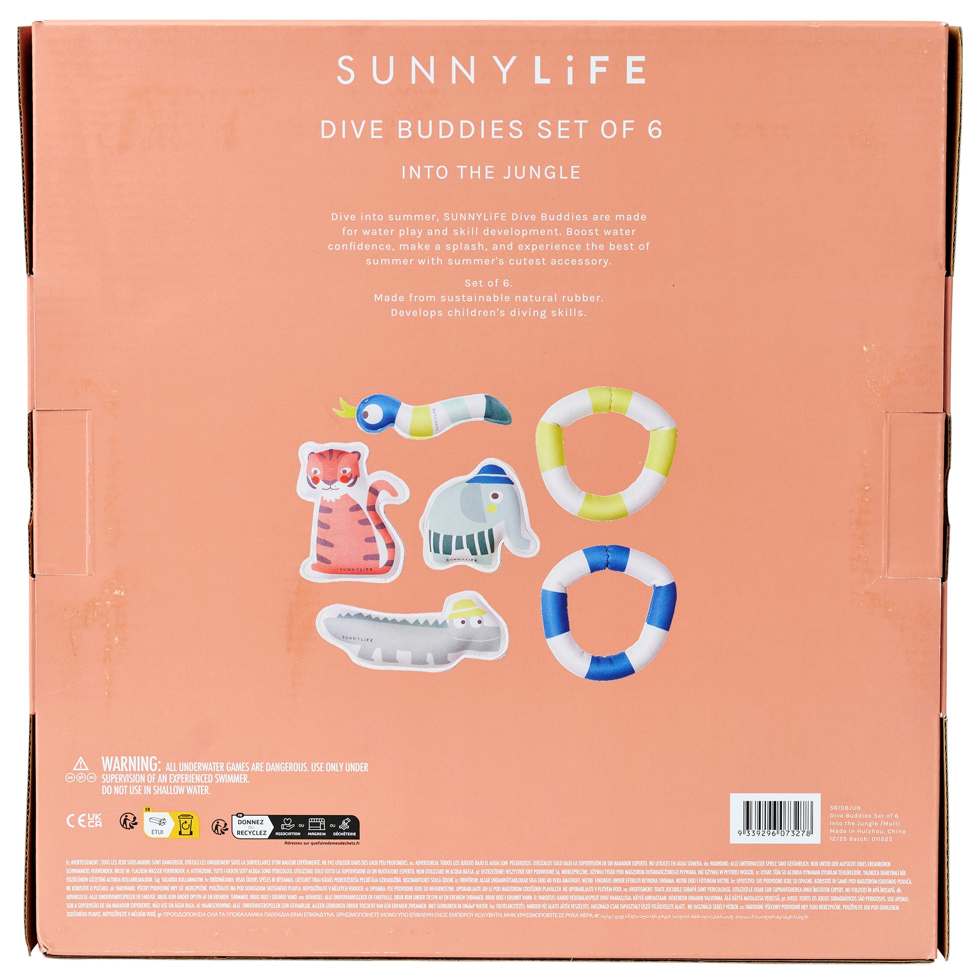 SUNNYLIFE Dive Buddies Set of 6 jungle-themed diving toys with colorful rings and animal figures