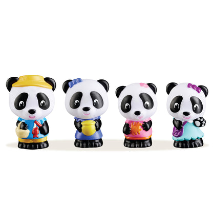 Four panda figurines with black and white bodies, each wearing colorful accessories including yellow headband, blue headband, pink bow, and purple bow