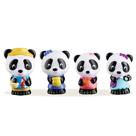 Four panda figurines with black and white bodies, each wearing colorful accessories including yellow headband, blue headband, pink bow, and purple bow