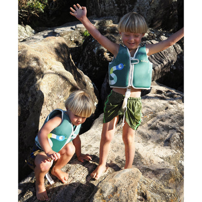 Sunnylife Into The Jungle Float Vest neoprene swim aid with safety strap in green