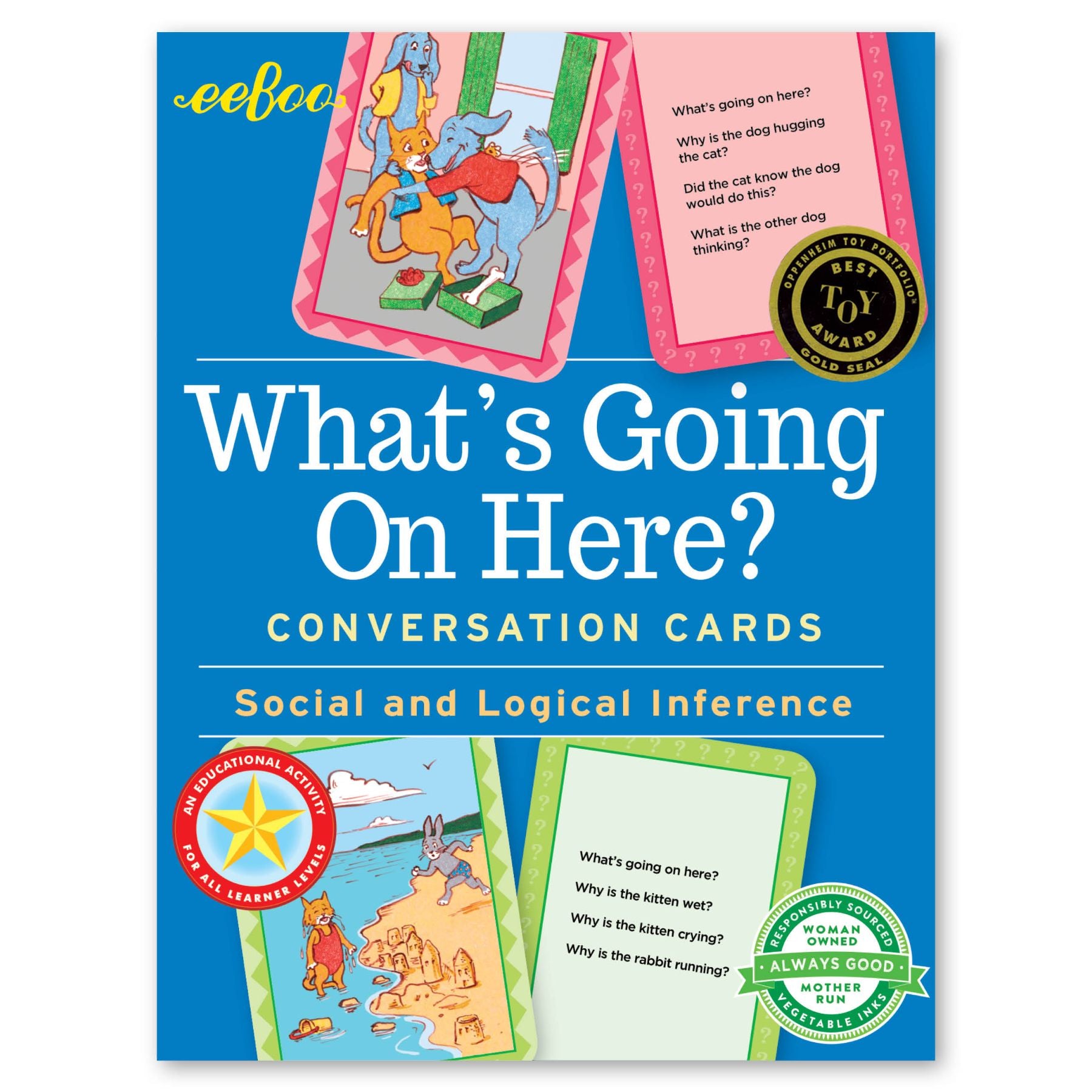 What's Going On Here? Conversation Cards box featuring illustrated scenarios with animals and children, subtitle reads Social and Logical Inference, includes To