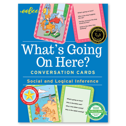 What's Going On Here? Conversation Cards box featuring illustrated scenarios with animals and children, subtitle reads Social and Logical Inference, includes To