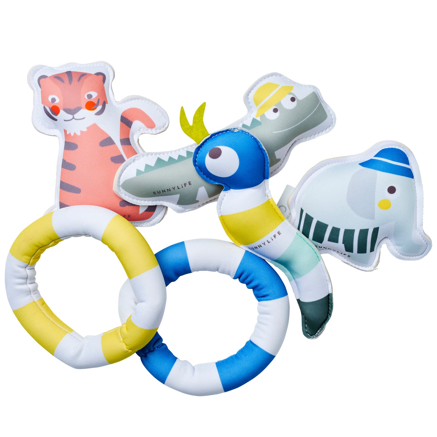 Dive Buddies Into the Jungle 6-piece set with colorful teething rings and animal toys