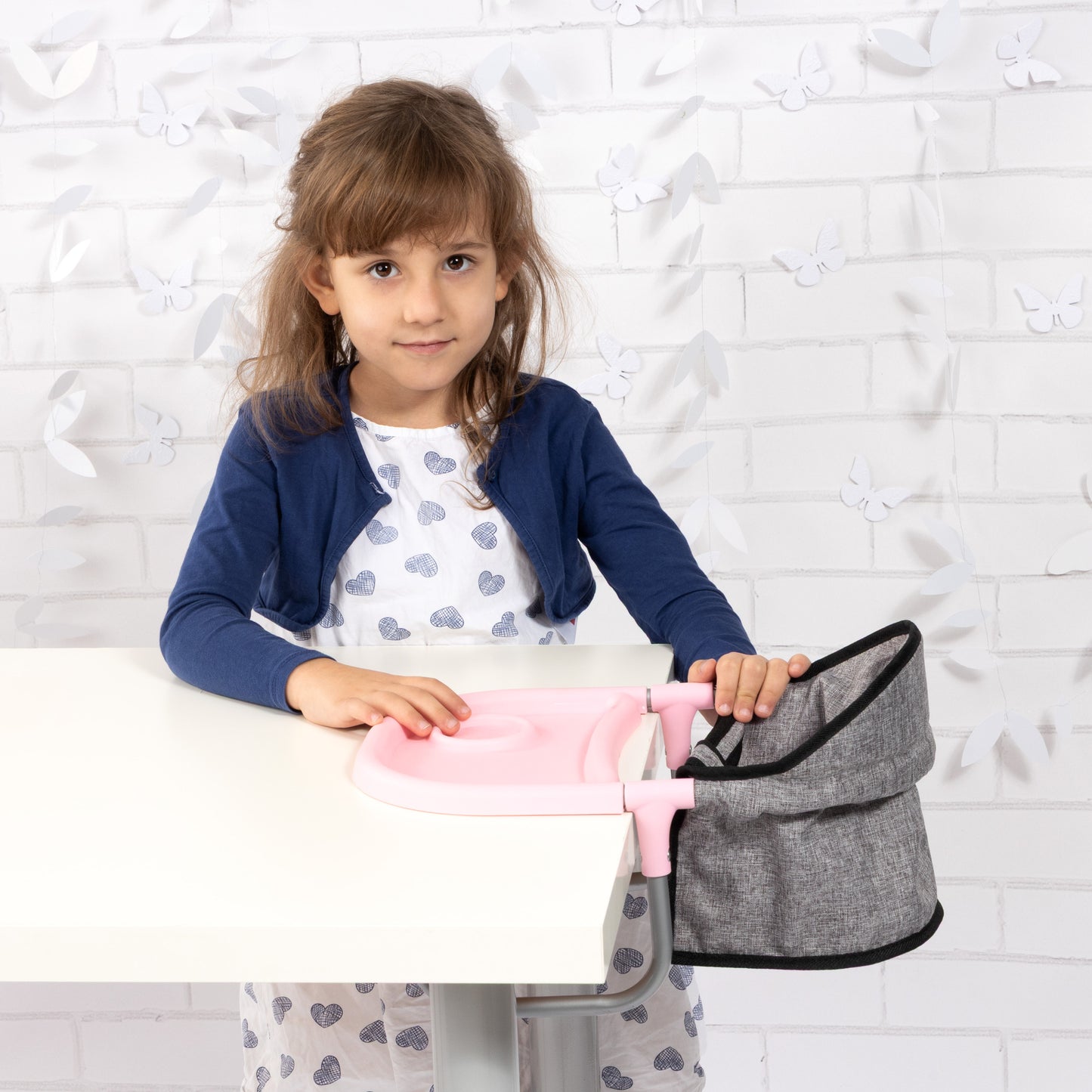 Bayer Design Dolls Table Seat in pink and grey with butterfly pattern