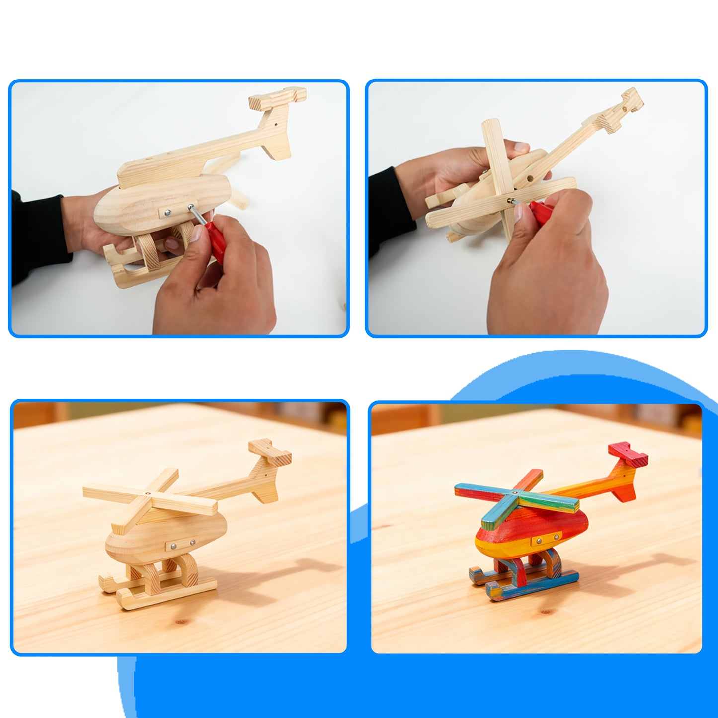 Easy Playhouse 3pc Wood Building Toy Kit - natural wood helicopter toy with colorful painted pieces