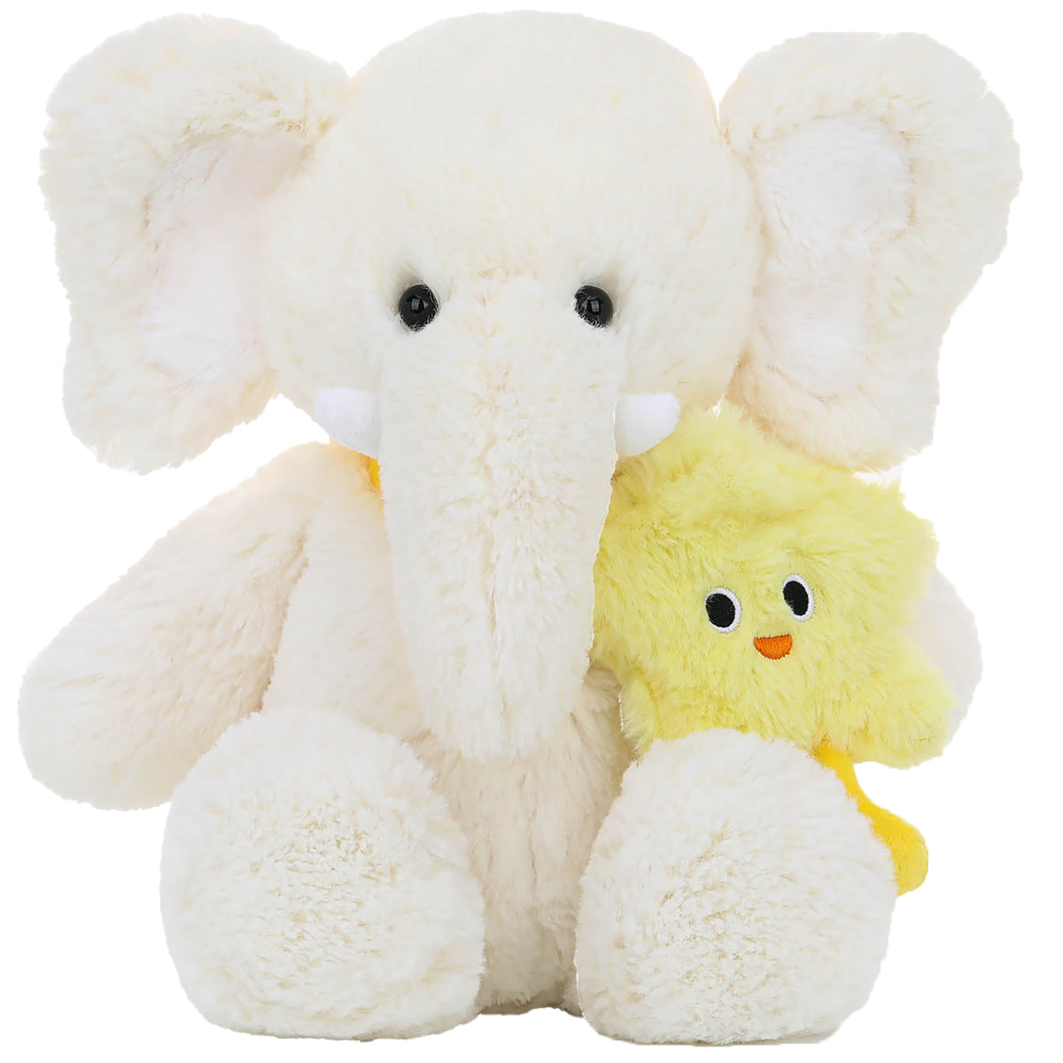 McHugs Ted School Elephant 7-inch plush in cream with large ears, shown with a small yellow chick companion