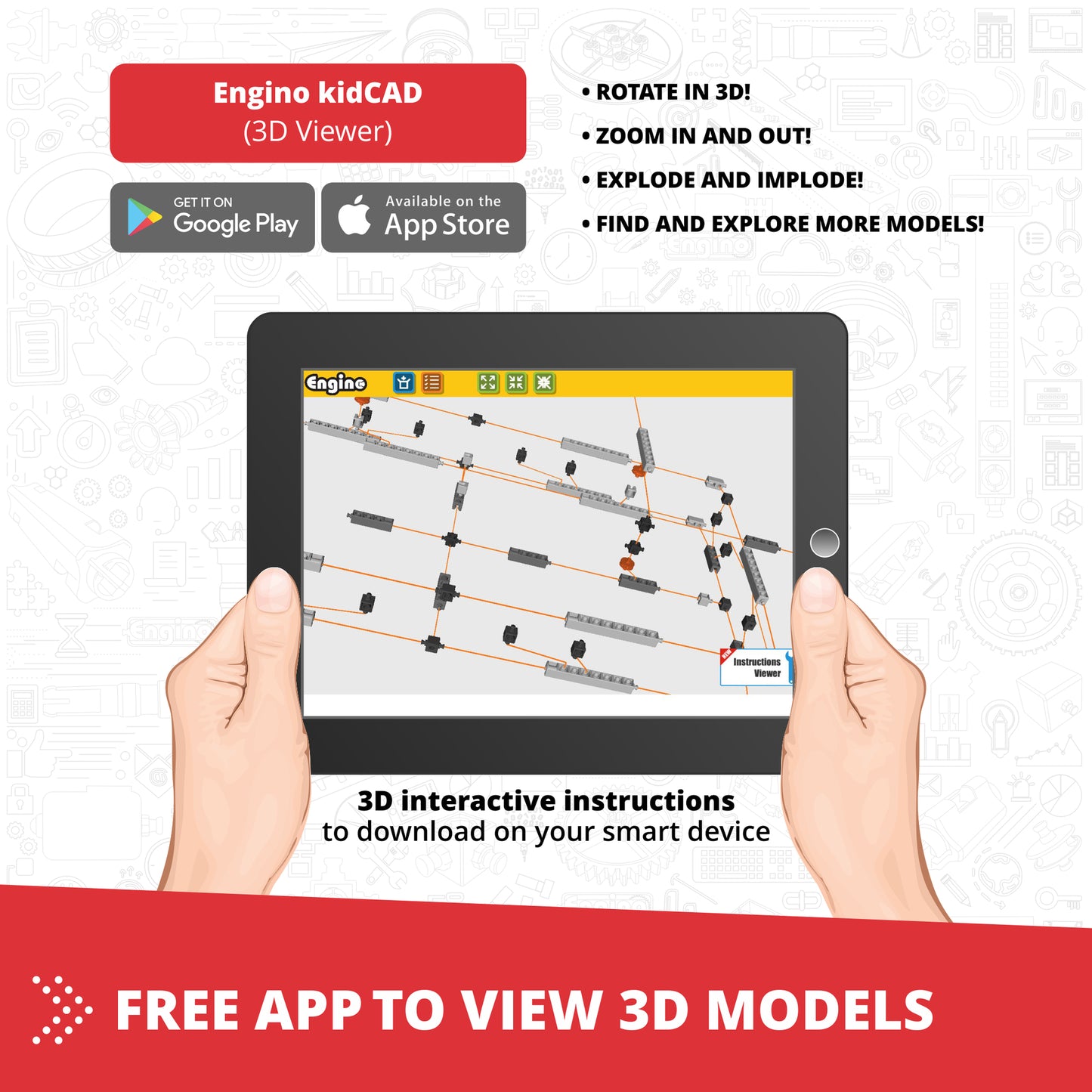 Engino Creative Builder 10-In-1 Vehicles Set with 50 pieces shown in 3D interactive viewer app