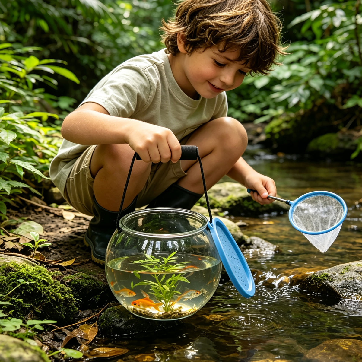 Child using Easy Playhouse Observation Aquarium with blue net by stream, clear bowl contains small fish and plants