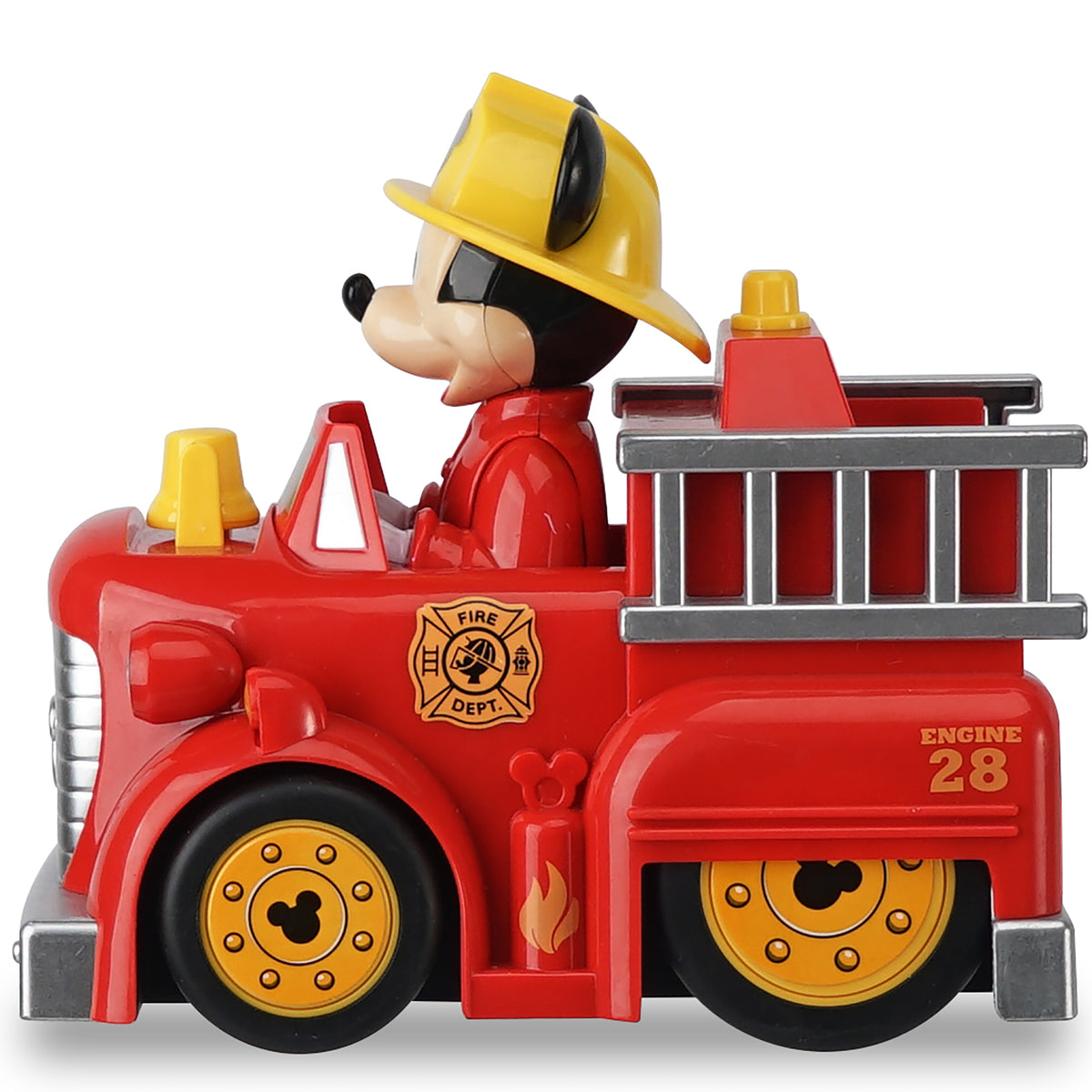 Disney Junior Mickey Mouse red and yellow firetruck toy with Mickey in firefighter hat, Engine 28 label, and yellow w...