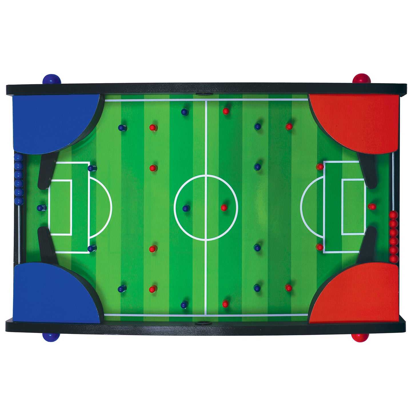 Tabletop pinball soccer game with green field, white goal lines, blue and red team goals, and red and blue pinball pieces