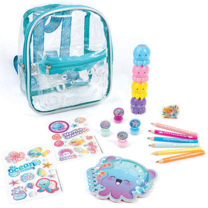 3C4G Seas The Day Portable Stationary Set with turquoise backpack, colorful stickers, markers, and jellyfish organizer