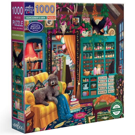 Sorcerer's Den 1000 piece puzzle by eeboo with colorful magical room illustration