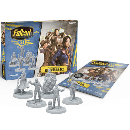 Fallout: Miniatures - Hollywood Icons set with five unpainted resin figures and scenic base, shown with blue and yel...