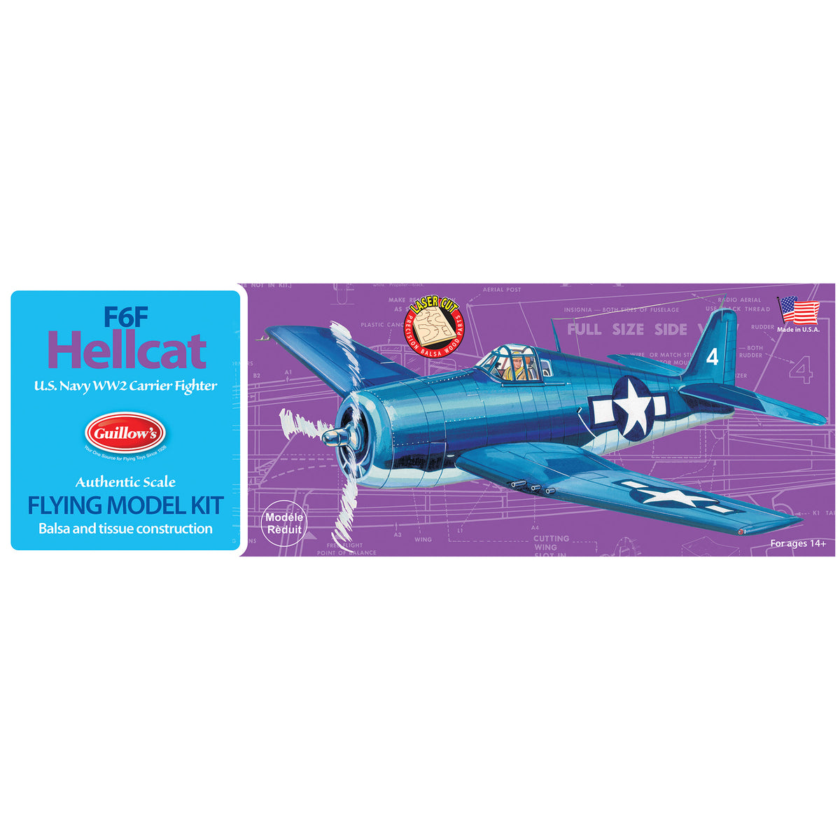 F6F Hellcat U.S. Navy WW2 Carrier Fighter Flying Model Kit by Guillow's