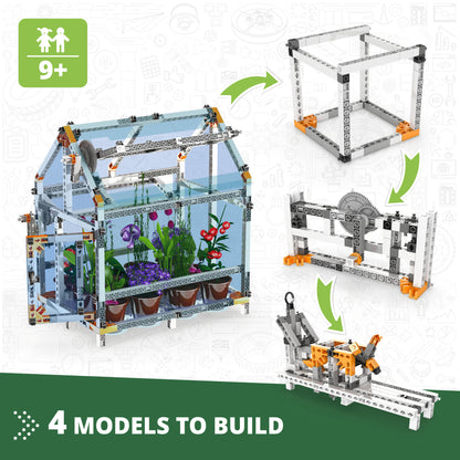 Engino Botanic Laboratory 4-in-1 STEM building set with blue greenhouse, white frame, and orange connectors for kids 9+