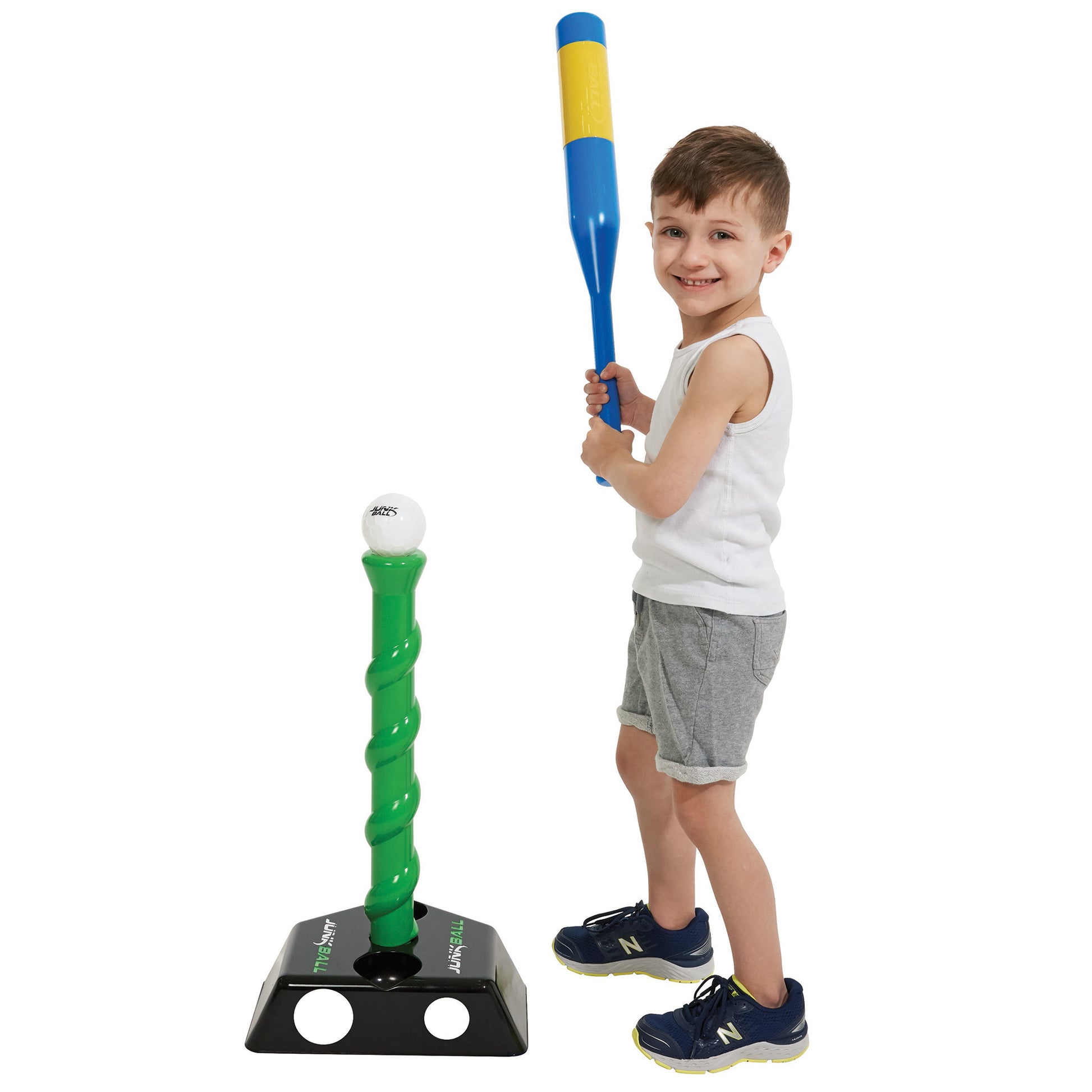 Junk Ball T-Ball Set with blue and yellow bat, green twisted tee, and white ball