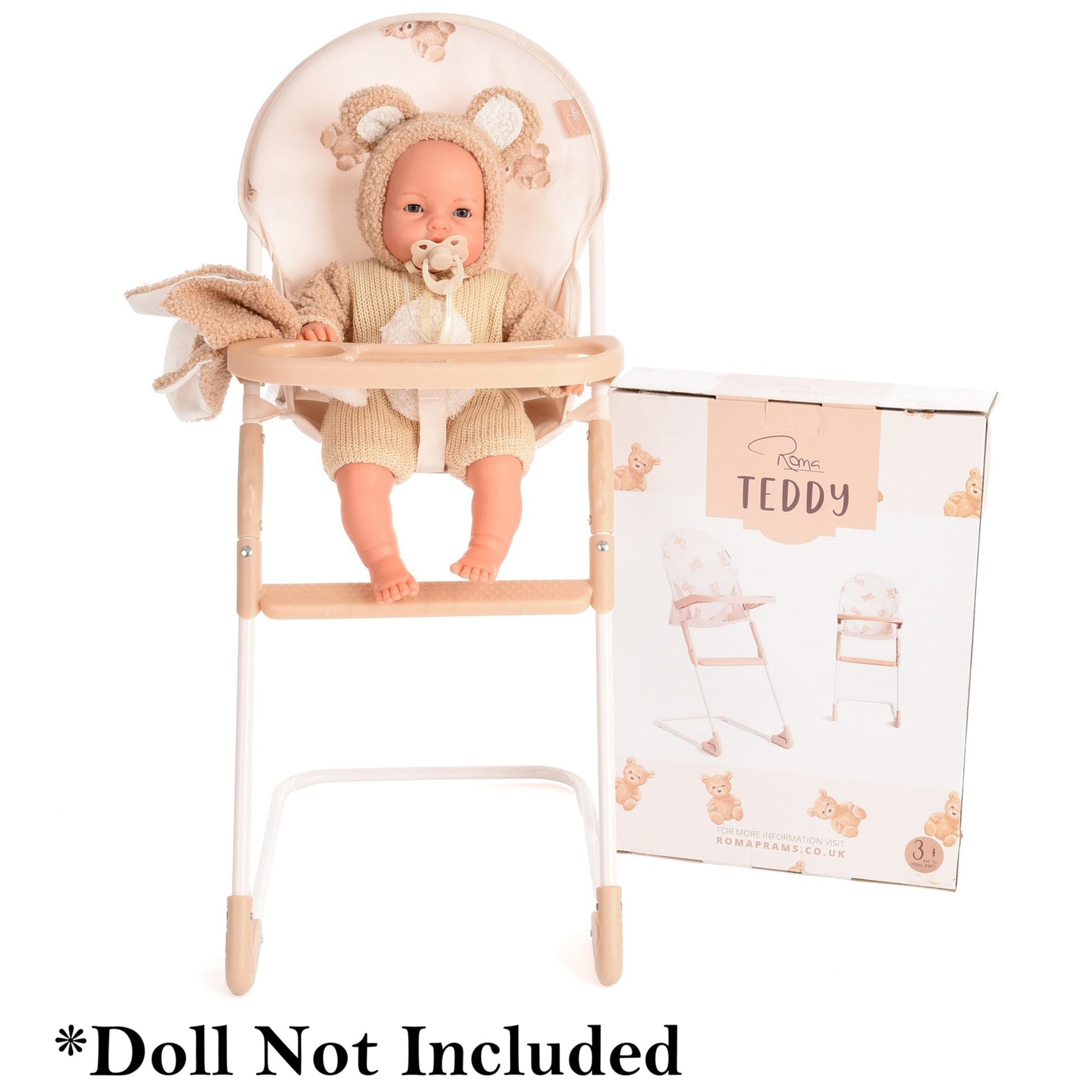 Roma Teddy High Chair in cream and beige with baby doll, includes accessories