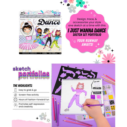 I Just Wanna Dance Fashion Sketch Set with colorful markers and sticker designs