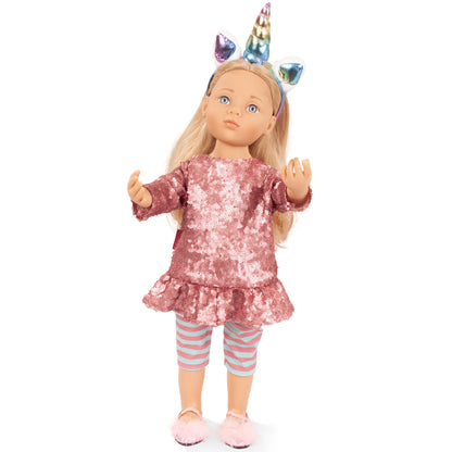 Gotz Happy Kidz Anna Unicorn 19.5 inch doll with blonde hair, pink sequin dress, striped leggings and colorful unicor...