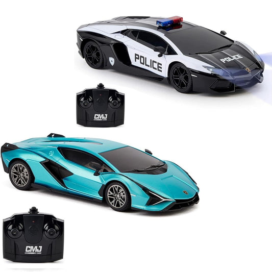 Two remote control Lamborghini sports cars with controllers: white-and-black police-livery Sián and turquoise Aventador, 1:24 scale