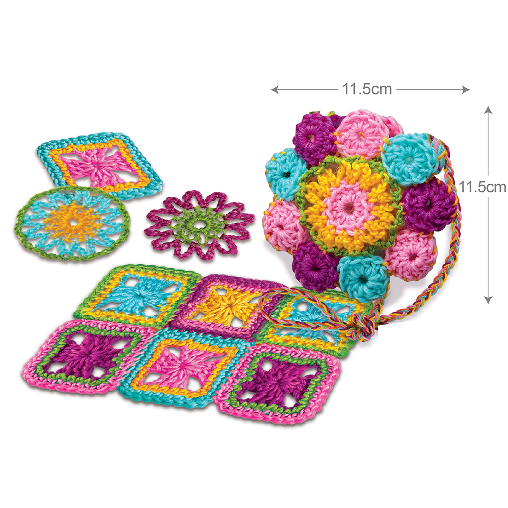 Easy-To-Do Crochet kit with colorful crocheted flowers, squares, and braided cord in pink, turquoise, yellow, and purple