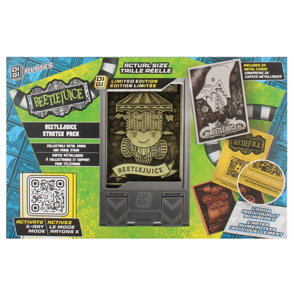 Beetlejuice Starter Pack contents including handheld digital game device with gold carousel screen, collectible metal cards, phone stand, and QR code card on di
