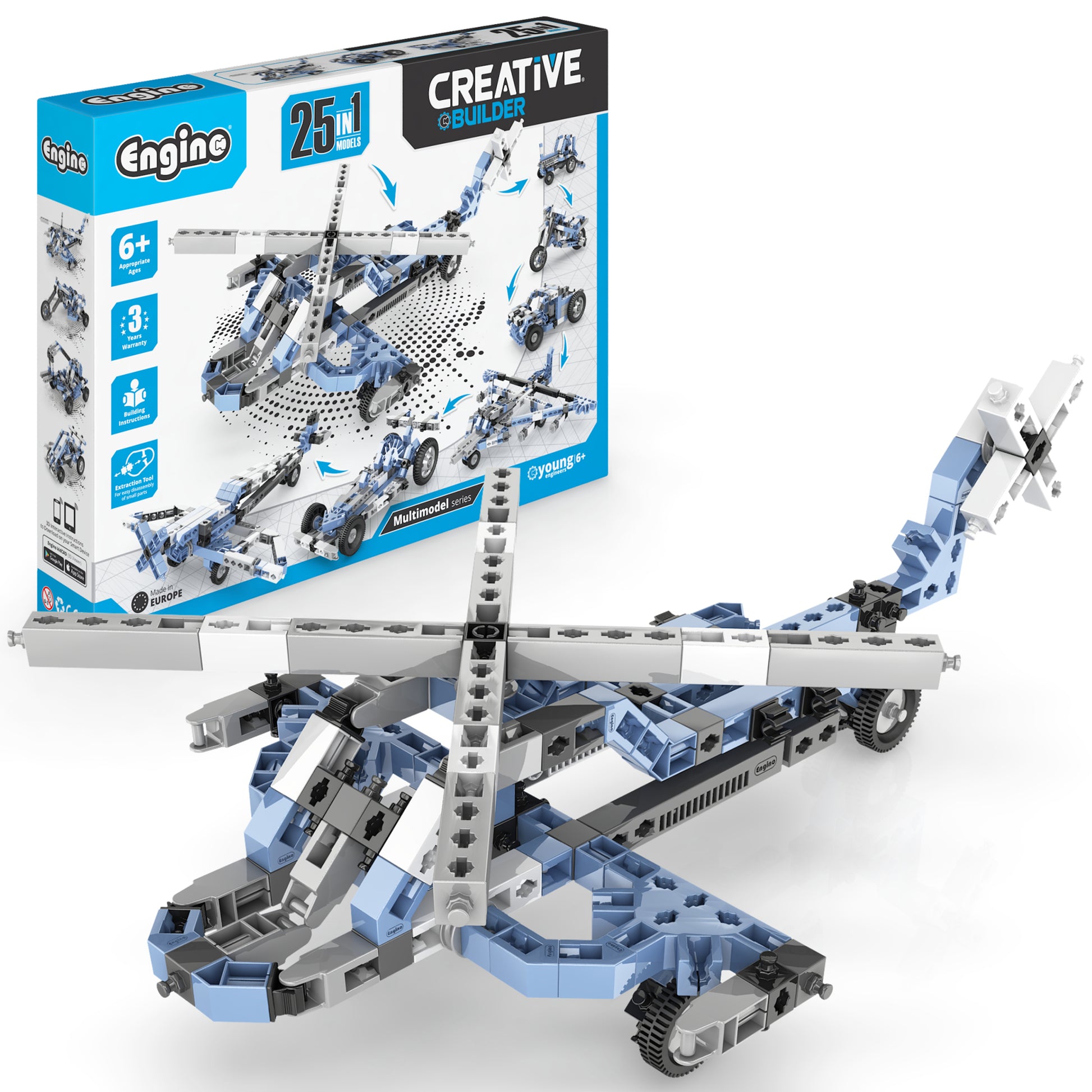 Engino Creative Builder 25-in-1 blue and white multimodel construction toy set with helicopter and vehicles