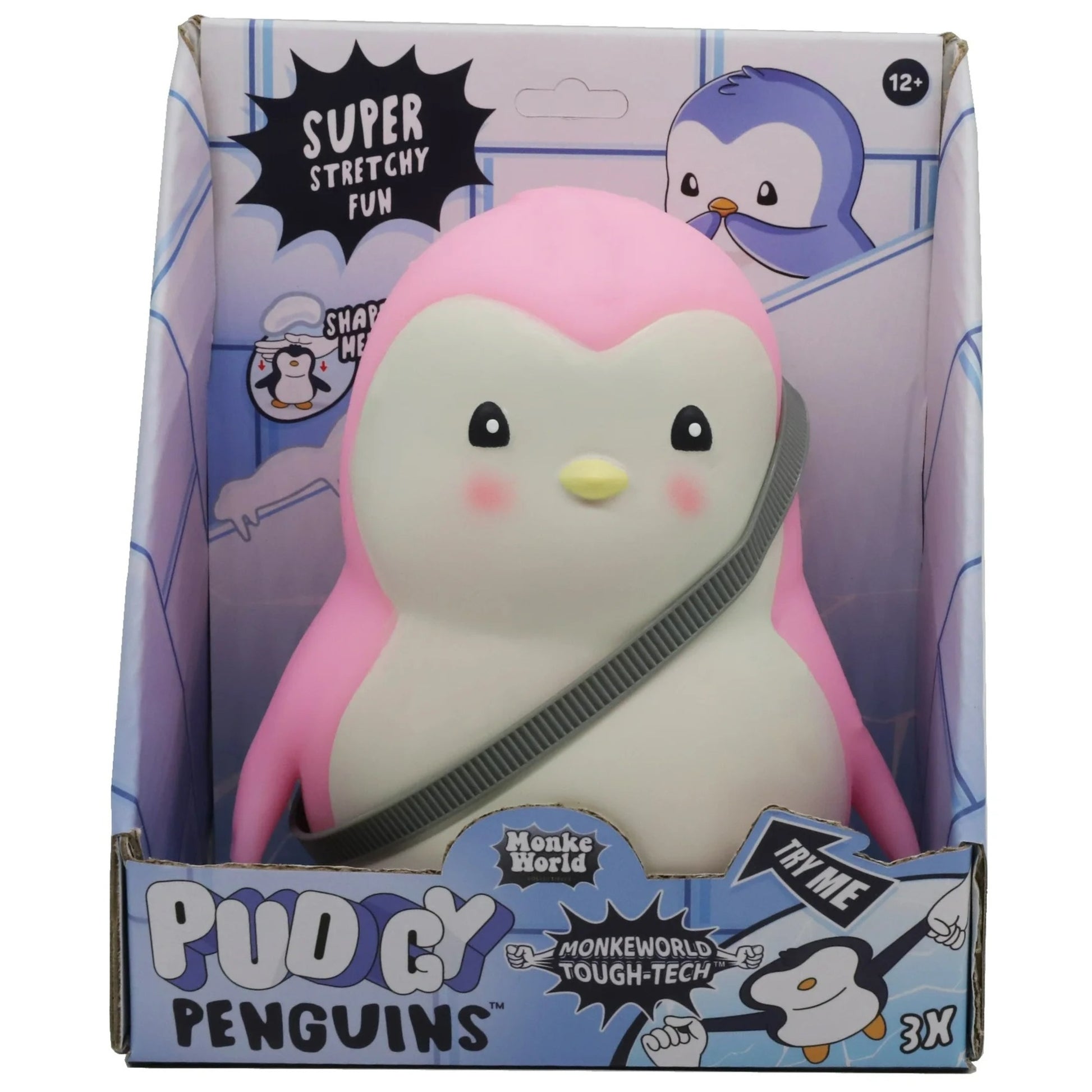 Pudgy Penguins pink and white plush fidget toy with yellow beak and gray strap, packaged in purple box labeled 'Super Stretchy Fun'