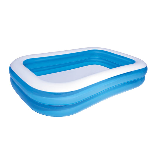 Blue and white inflatable rectangular family pool on plain background
