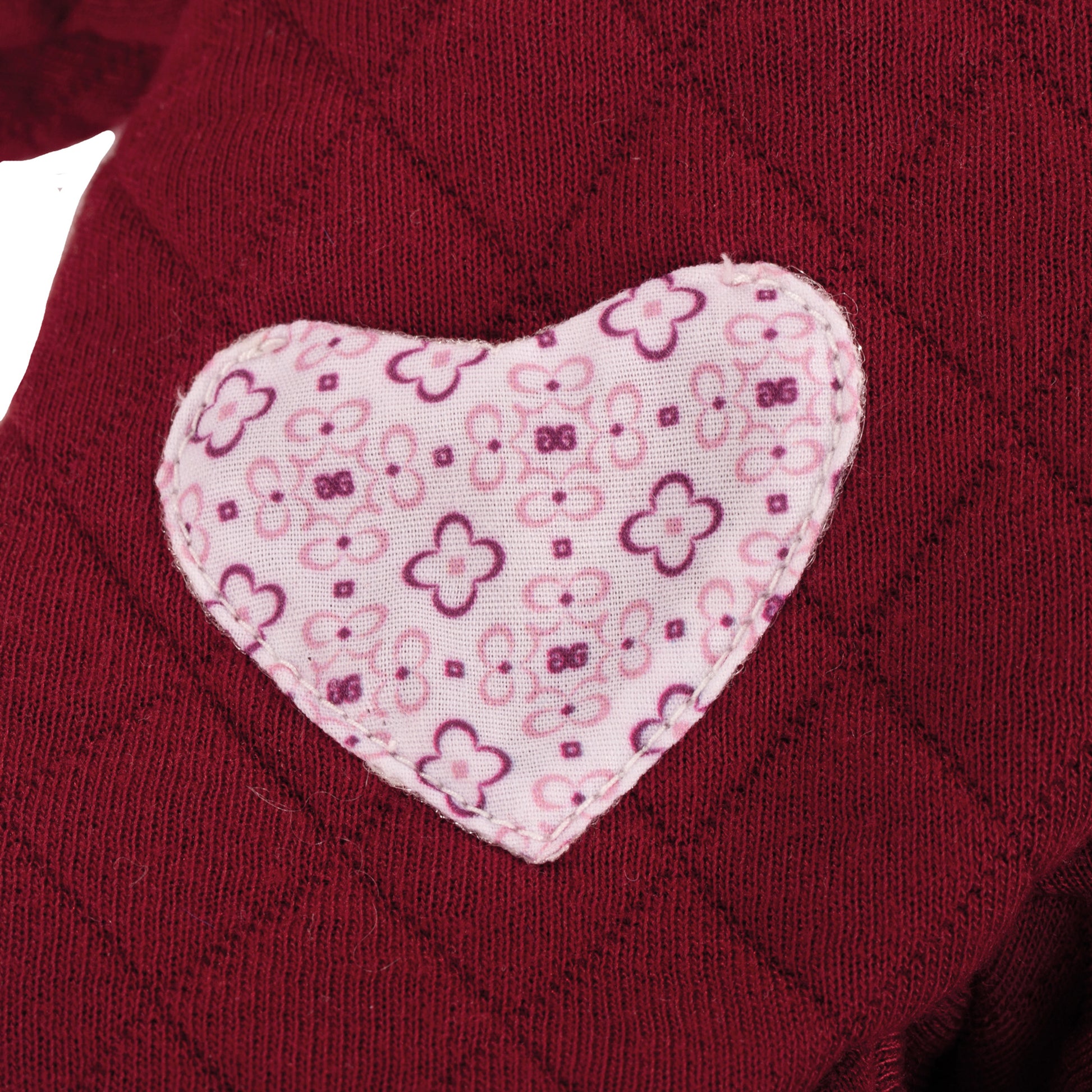Jubilee Muffin Doll 13 inch soft plush toy with pink patterned heart on burgundy fabric