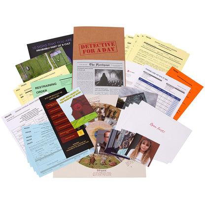 Detective For A Day interactive party game with police documents, newspaper clippings, and investigation materials