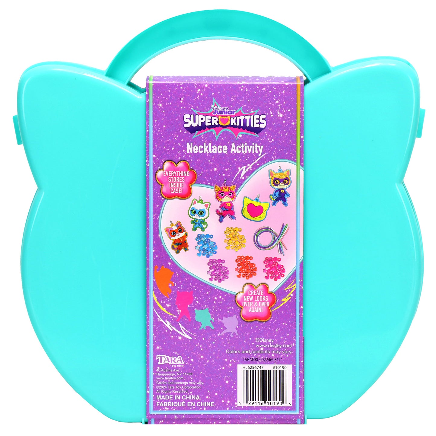 Super Kitties Bead & Charm Necklace Activity Set in turquoise cat-shaped case with purple sparkly packaging showing beads, charms, and character pieces inside