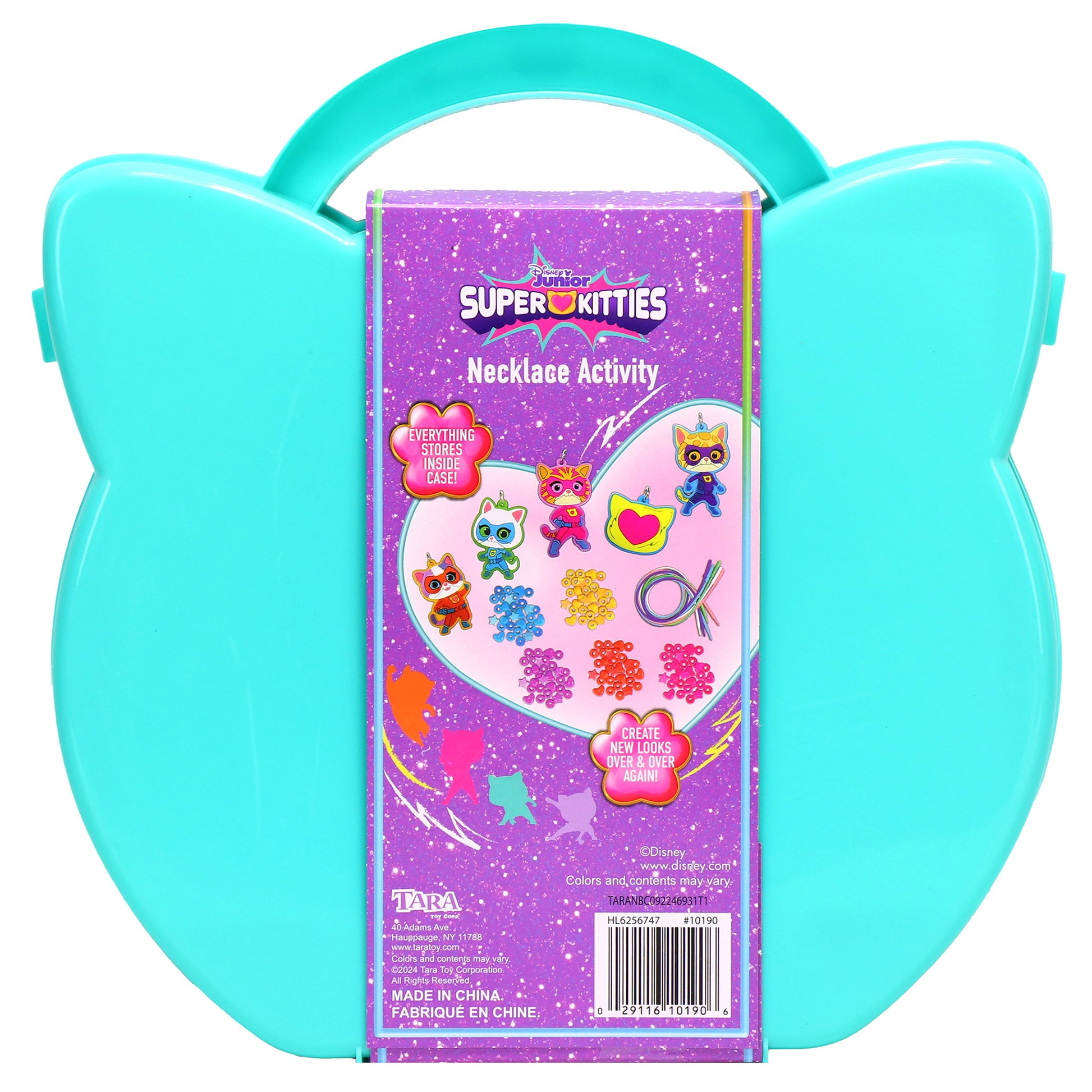 Super Kitties Bead & Charm Necklace Activity Set in turquoise cat-shaped case with purple sparkly packaging showing beads, charms, and character pieces inside