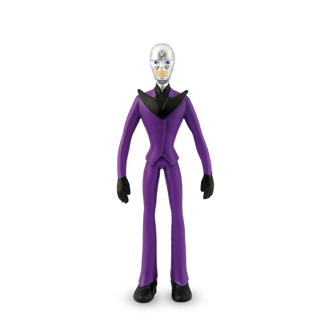 Hawk Moth action figure in purple suit with black collar and gloves, silver mask with blue eyes, posed against white background