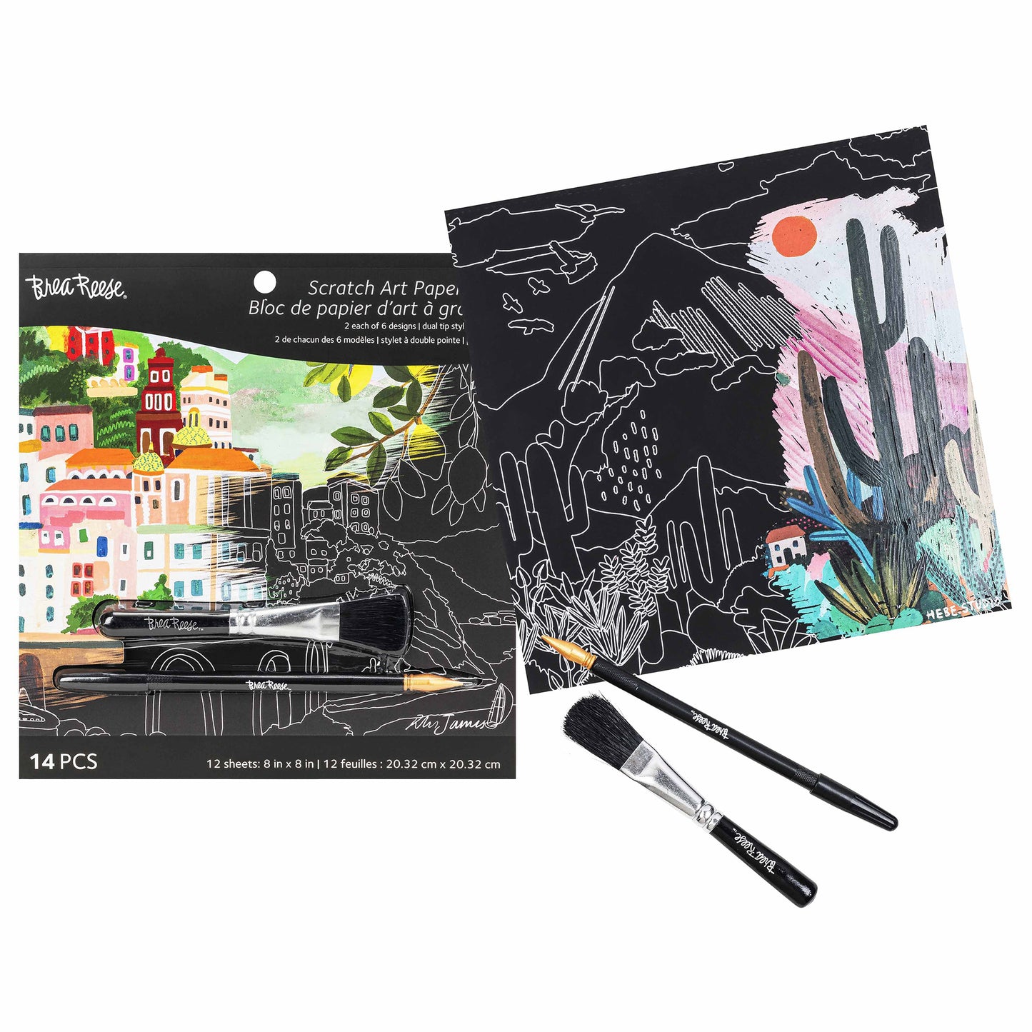 Brea Reese Scratch Art Paper Pad with 12 sheets, 2 brushes, featuring colorful landscape designs