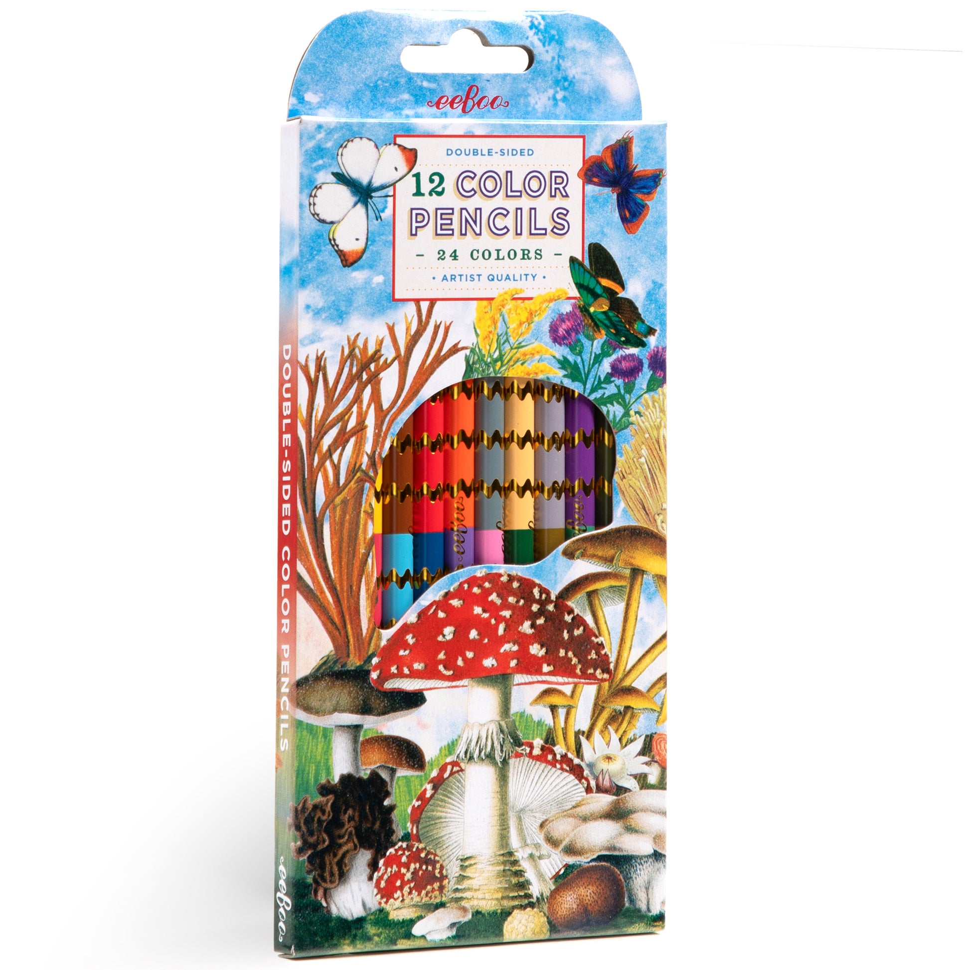 eeBoo double-sided 12 color pencils set with 24 total colors, displayed in packaging featuring illustrated mushrooms, butterflies, and woodland plants