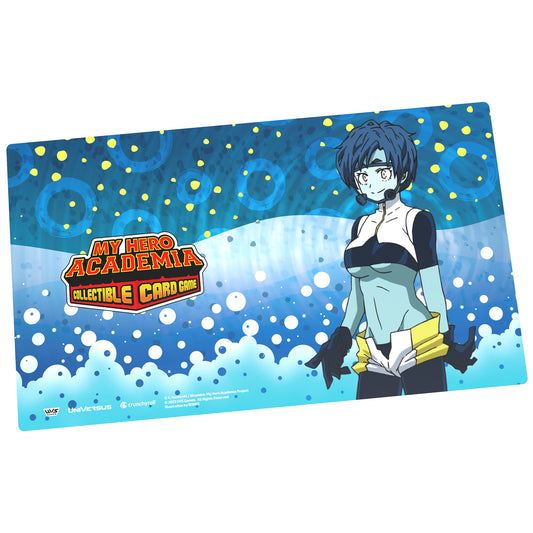 My Hero Academia Collectible Card Game Bubble Girl Playmat featuring anime character on blue starry background with yellow and white dots