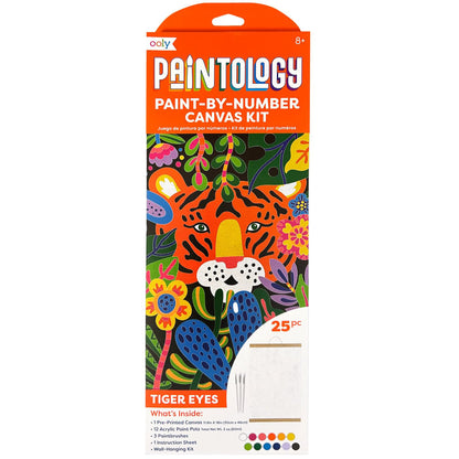 OOLY Paintology Paint-by-Number Canvas Kit featuring a colorful tiger face design with floral and botanical elements, 25 pieces, ages 8+