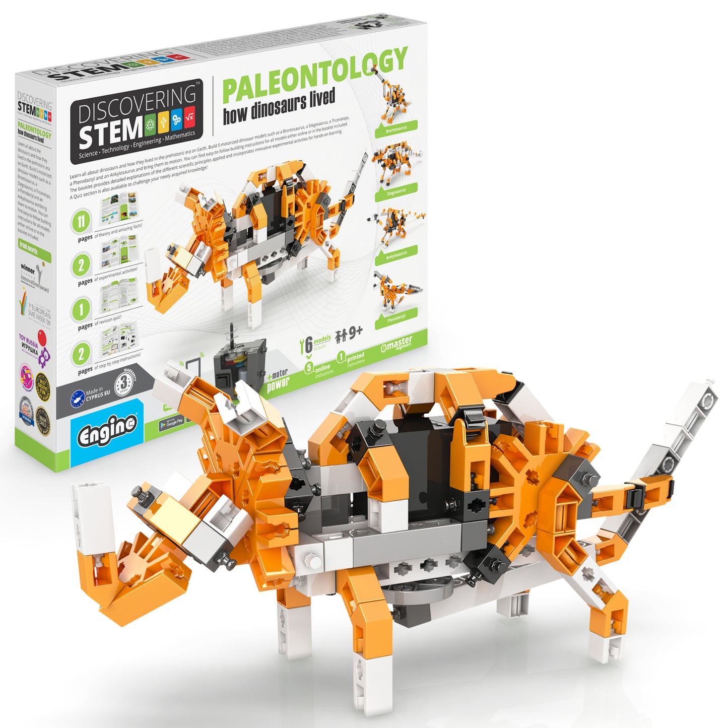 Engino Discovering STEM Paleontology motorized dinosaur building set with orange and white pieces