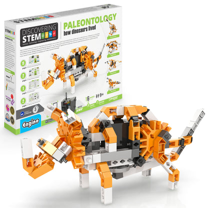Engino Discovering STEM Paleontology motorized dinosaur building set with orange and white pieces