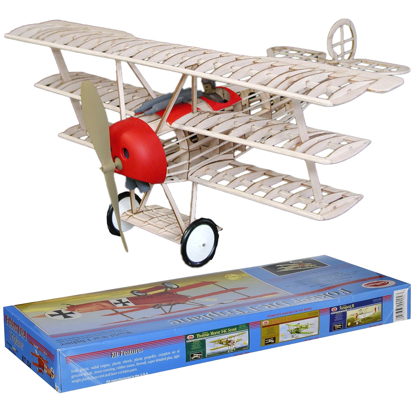 Fokker DR1 Triplane wooden model kit with red engine and box packaging