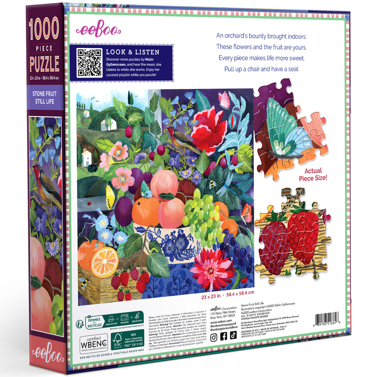 eeBoo Stone Fruit Still Life 1000-piece puzzle box and assembled pieces showing colorful orchard illustration with pe...