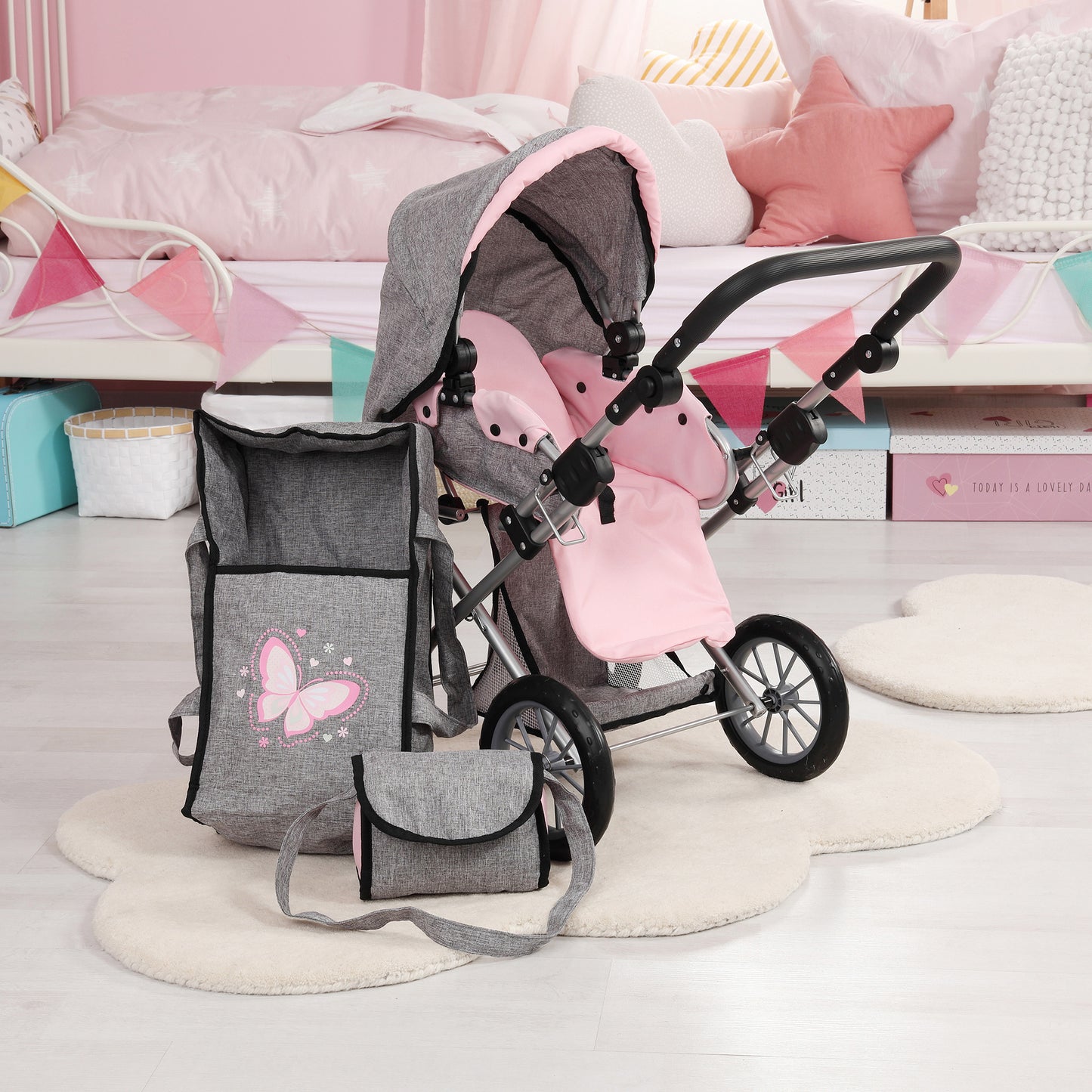 Bayer Design City Star Doll Pram, Convertible Stroller for Dolls Up to 18 Inches