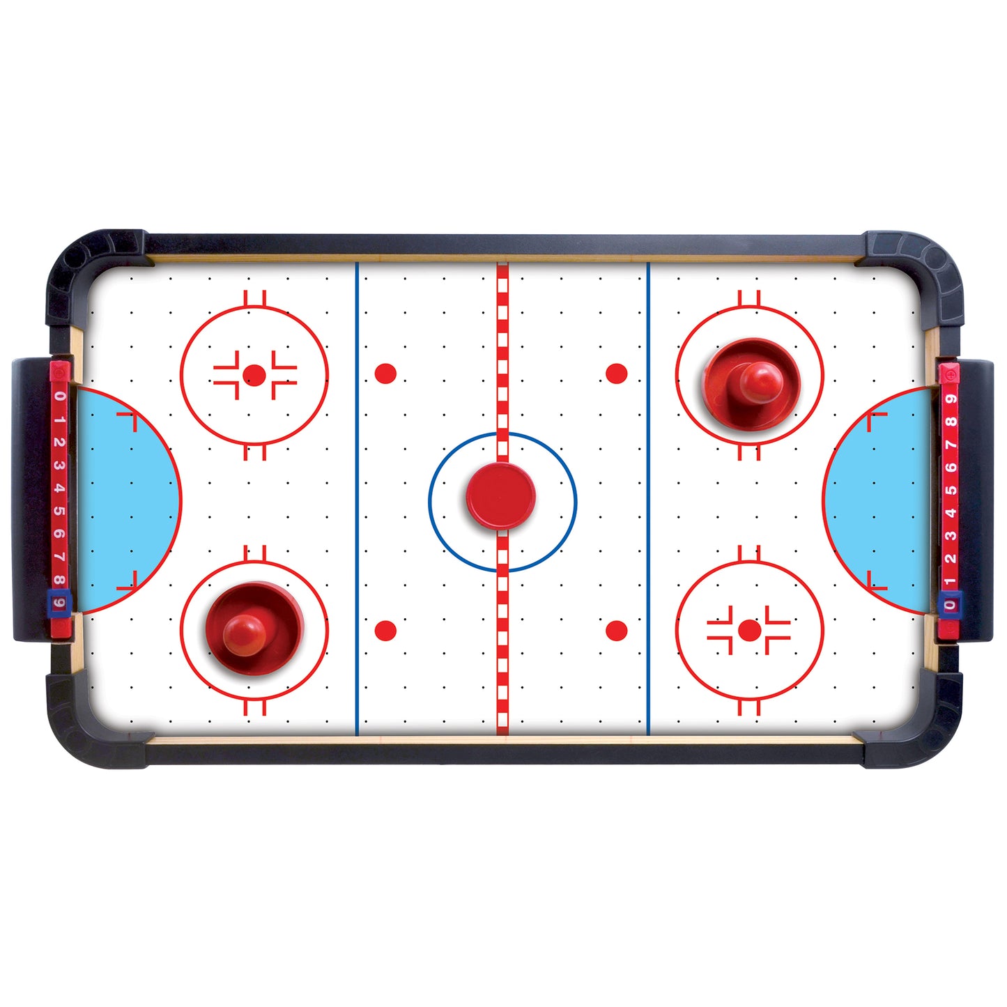 Tabletop air hockey game with white playing surface, red and blue goals, two red puck strikers, and black frame with handles